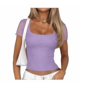 PinkMStyle Lace Square Neck Short Sleeve Top‎ Lilac Purple Stretch M
